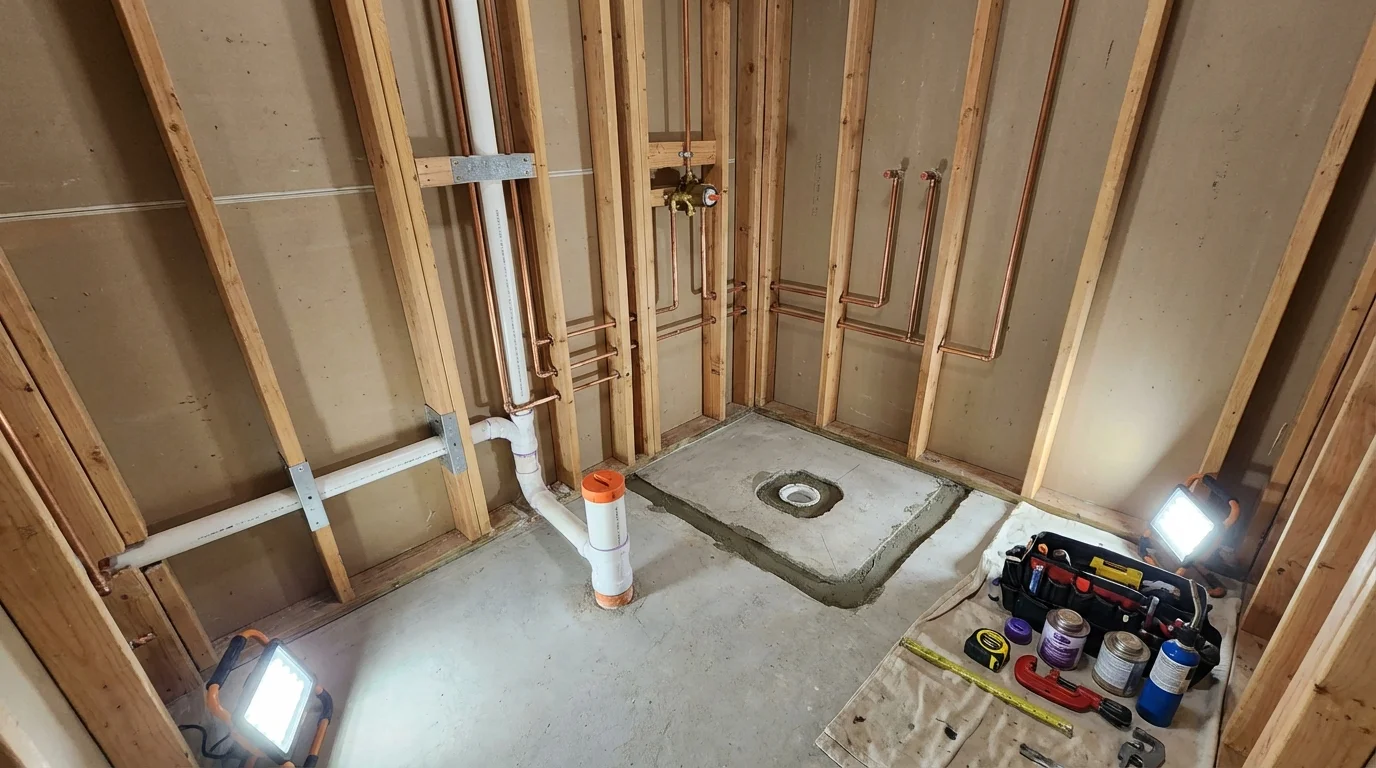 Bathroom rough-in plumbing during remodel by Johns Plumbing LLC in Ganado