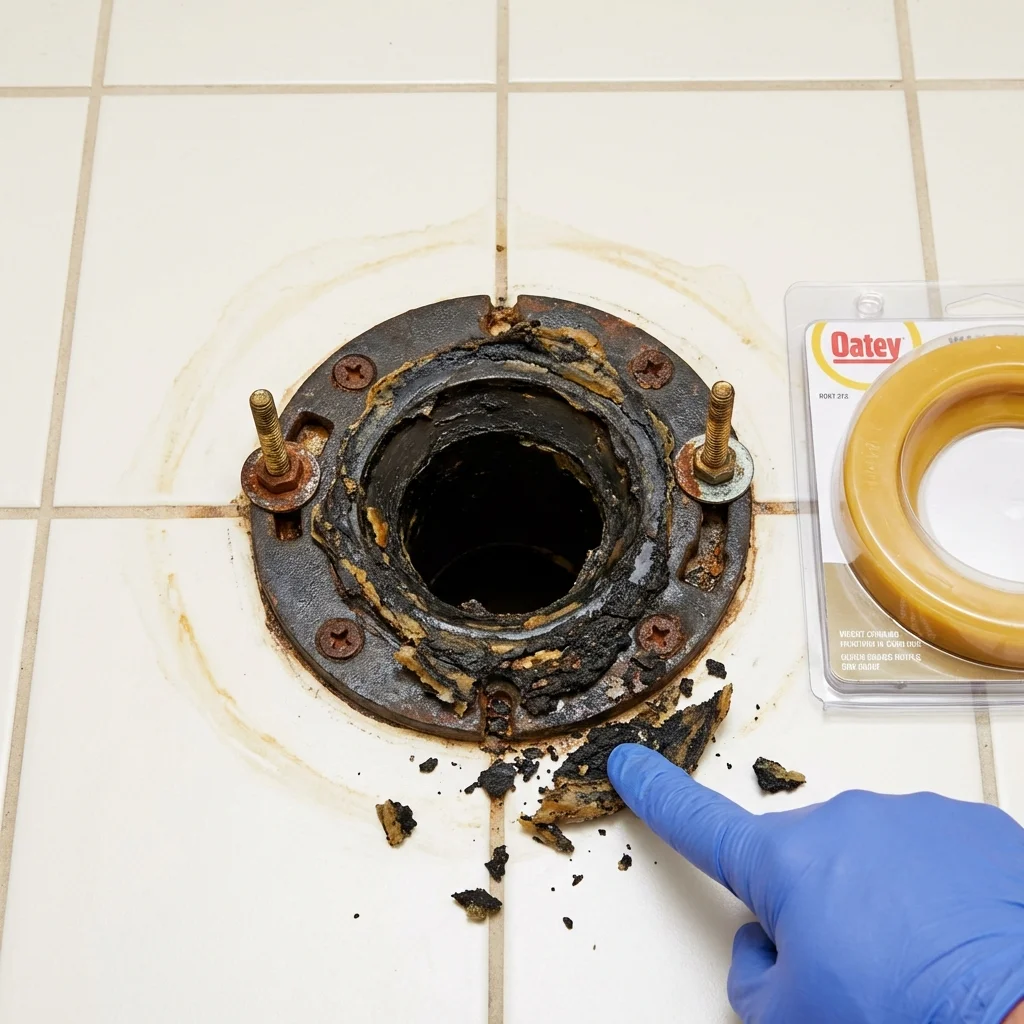 Failed wax ring showing water seepage at the base of a toilet in a Ganado, AZ home