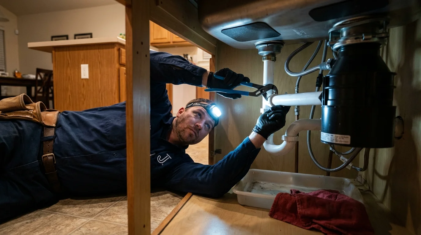 P-trap and supply line connections under a kitchen sink showing a common leak point in Ganado, AZ